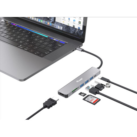 Equip 133494 Adattatore multifunzione USB-C 7 in 1, HDMI 4K/60Hz, USB 3.2 Gen1 x 3, TF/MICRO SD, USB PD 100W