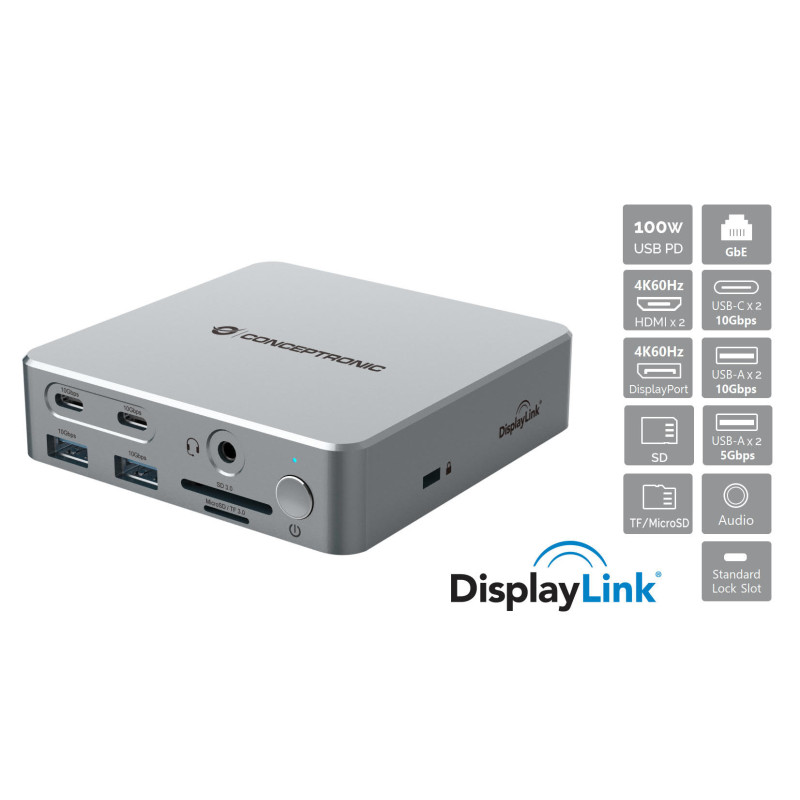 Conceptronic DONN25G replicatore di porte e docking station per laptop Cablato USB 3.2 Gen 2 (3.1 Gen 2) Type-C Argento