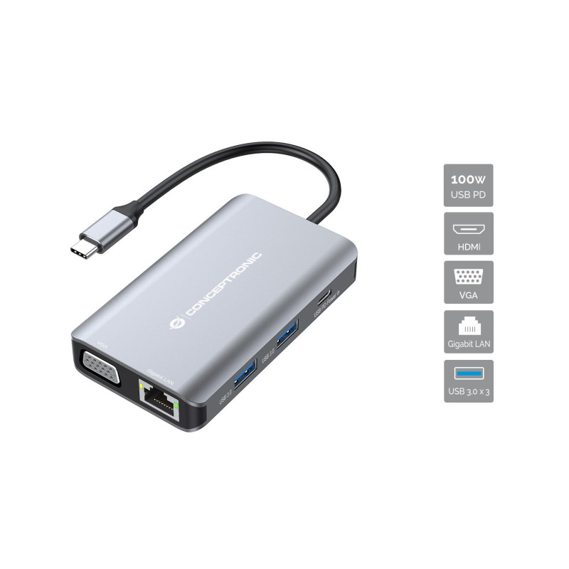 Conceptronic DONN21G replicatore di porte e docking station per laptop Cablato USB 3.2 Gen 1 (3.1 Gen 1) Type-C Grigio