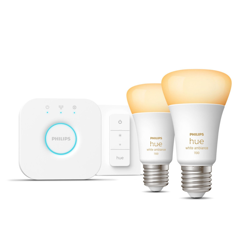 Philips Hue White ambiance Starter Kit Bridge + 2 Lampadine Smart E27 75W + Dimmer Switch