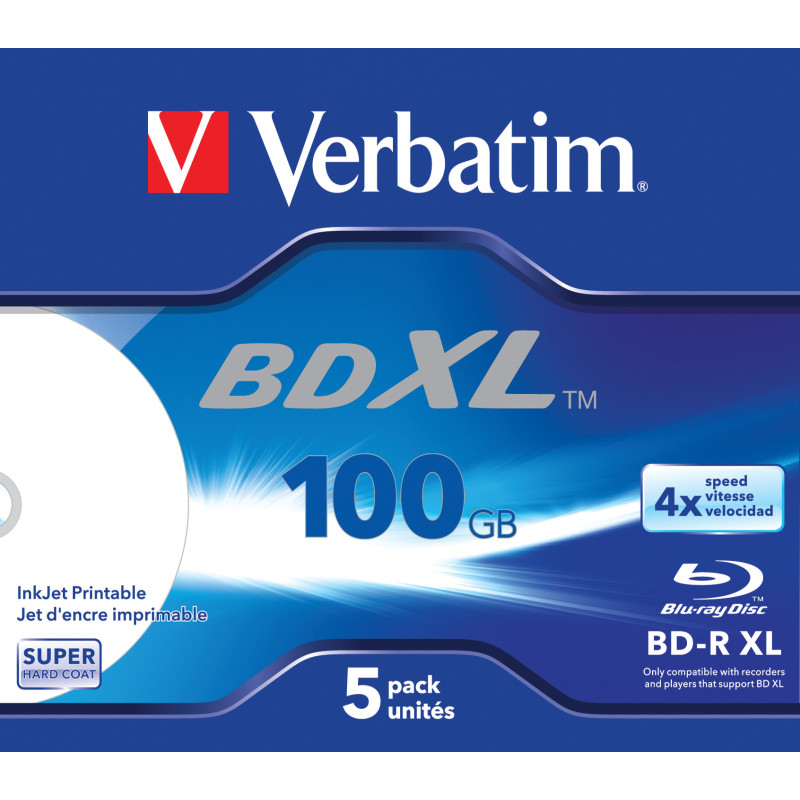 Verbatim BD-R XL 100GB* 4x Ampia area stampabile a getto d'inchiostro, 5 pezzi in Jewel case