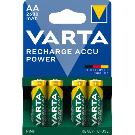 Varta Recharge Accu Power AA 2600 mAh Blister da 4 (Batteria NiMH Accu Precaricata, Mignon, batteria ricaricabile, pronta