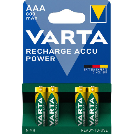 Varta Recharge Accu Power AAA 800 mAh Blister da 4 (Batteria NiMH Accu Precaricata, Micro, ricaricabile, pronta all'uso)