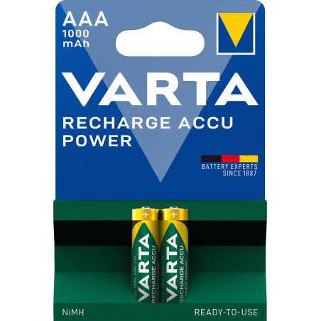 Varta Recharge Accu Power AAA 1000 mAh Blister da 2 (Batteria NiMH Accu Precaricata, Micro, ricaricabile, pronta all'uso)