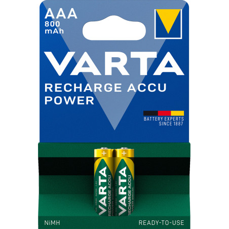 Varta Recharge Accu Power AAA 800 mAh Blister da 2 (Batteria NiMH Accu Precaricata, Micro, ricaricabile, pronta all'uso)