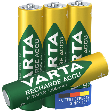 Varta Recharge Accu Power AAA 1000 mAh Blister da 4 (Batteria NiMH Accu Precaricata, Micro, ricaricabile, pronta all'uso)