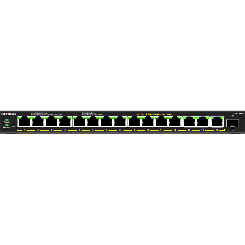 NETGEAR 16-Port High-Power PoE+ Gigabit Ethernet Plus Switch (231W) with 1 SFP port (GS316EPP) Gestito Gigabit Ethernet