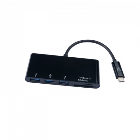 V7 Adaptador USB negro con conector USB-C macho a 3 hembras: USB 3.0 A Micro SD SD/MMC