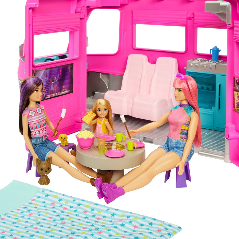 Barbie Camper dei Sogni - Veicolo con Scivolo e Piscina - 2 Cuccioli - 7 Aree Gioco - Alto 76 cm - 60+ Accessori - Regalo per