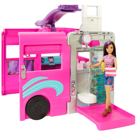 Barbie Camper dei Sogni - Veicolo con Scivolo e Piscina - 2 Cuccioli - 7 Aree Gioco - Alto 76 cm - 60+ Accessori - Regalo per