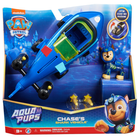 PAW Patrol Aqua Pups, Shark Vehicle trasformabile di Chase con action figure da collezione, giocattoli per bambini dai 3 anni