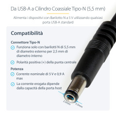 StarTech.com Cavo di alimentazione USB a barilotto tipo N 1 m 5 V CC - USB A a CC 5,5 mm