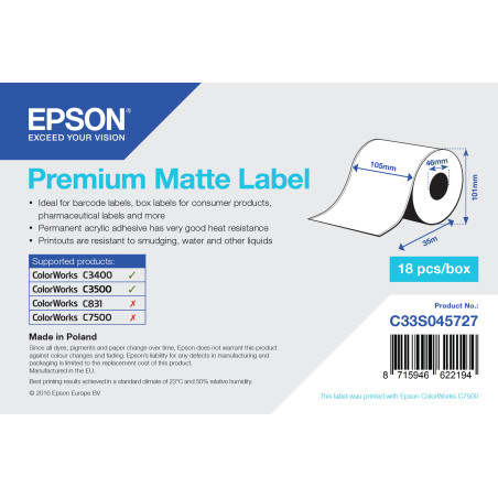 Epson Premium Matte Label - Continuous Roll  105mm x 35m