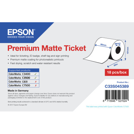 Epson Premium Matte Ticket - Roll: 80mm x 50m