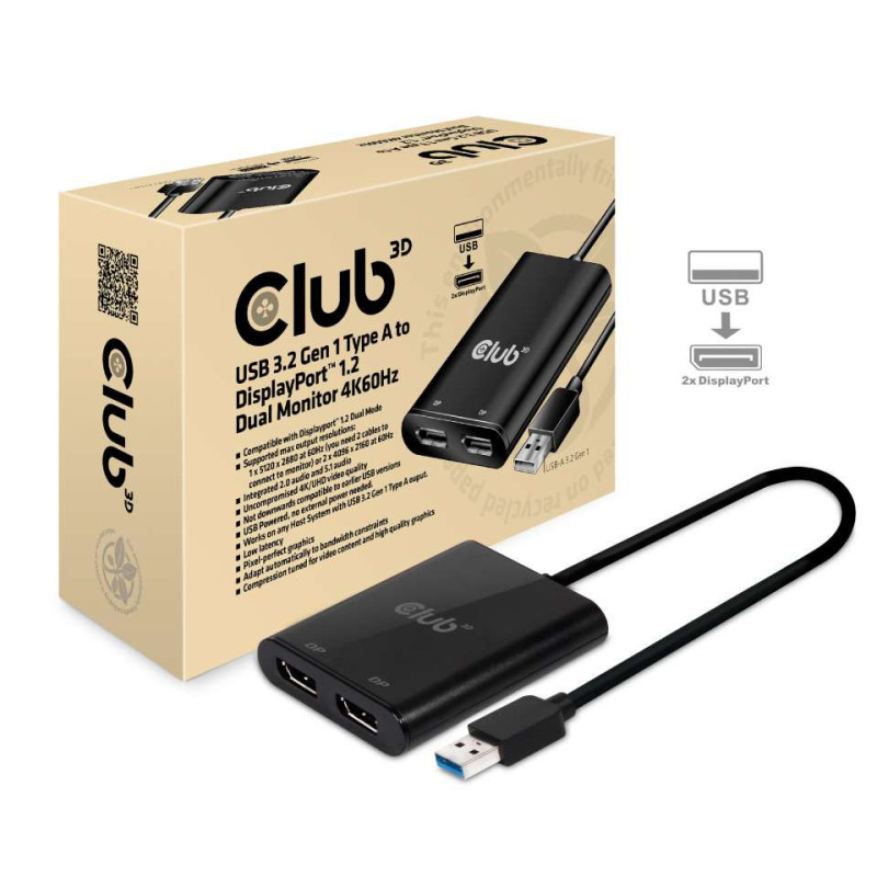 CLUB3D USB3.2 Gen1 Type A to DisplayPort™1.2 Dual Monitor 4K60Hz Video Splitter